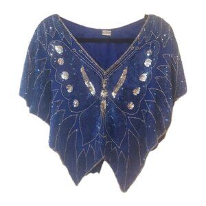 Vintage Sequin Top Butterfly Disco Blue Crop Silk Beaded Sz M
